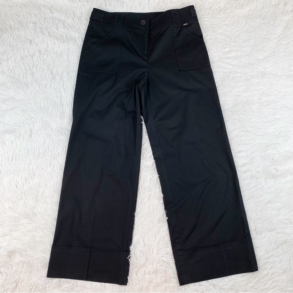 St John women high rise wide leg dress pants roll cuffs patched pockets in black